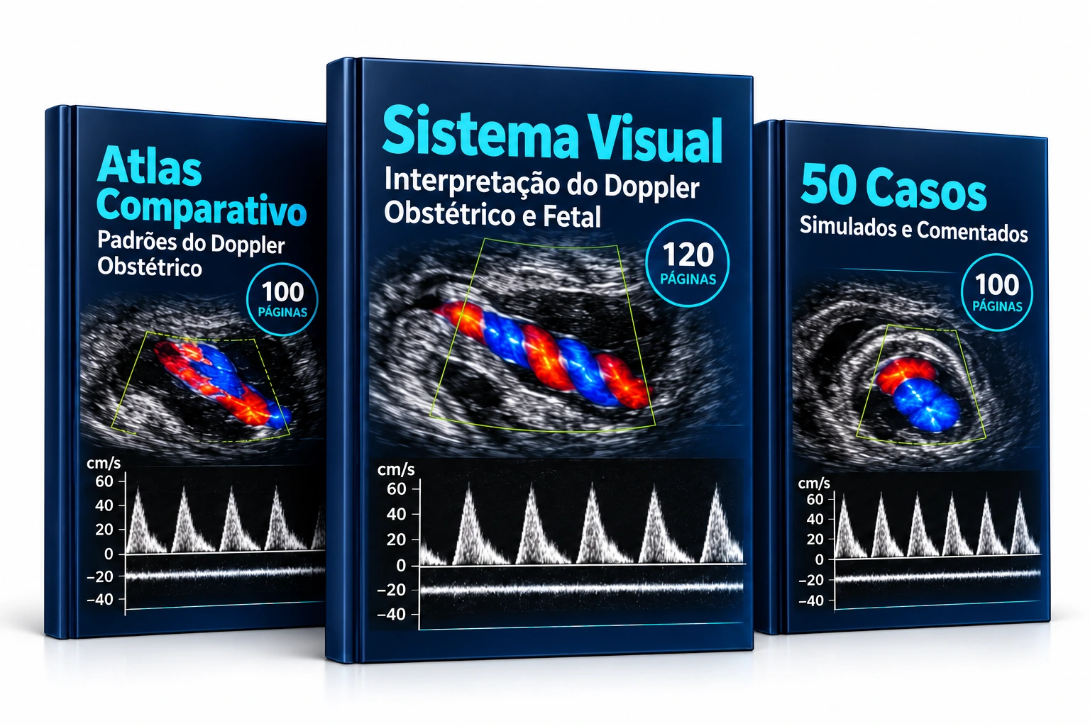 Os três materiais digitais: Sistema Visual, Atlas Comparativo e 50 Casos Simulados de Doppler Obstétrico e Fetal